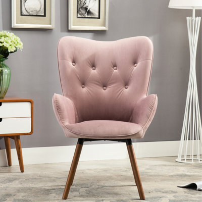 Timber Legged Accent Chair In Mauve Velvet With Button Back Back, Solid Wood Legs, Modern