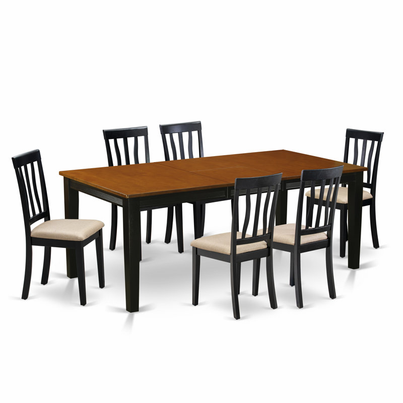 Ensemble de mobilier de salle à manger 7 pièces composé d'une table de cuisine rectangulaire avec rallonge papillon et 6 chaises en tissu de lin, noir et cerise