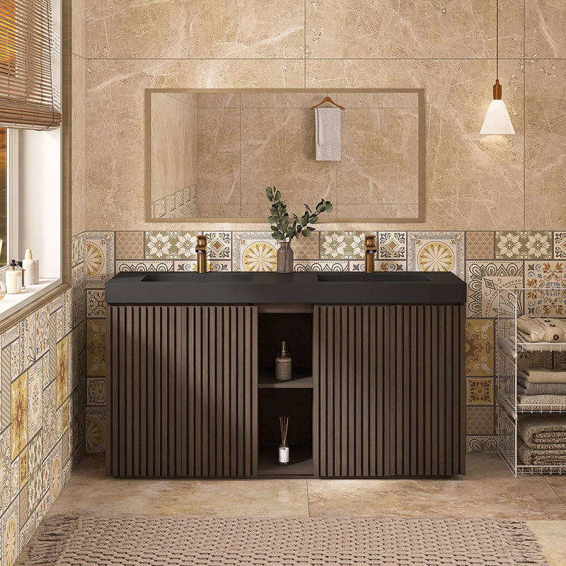 59.6'' Freestanding Double Sink Bathroom Vanity With Quartz Top