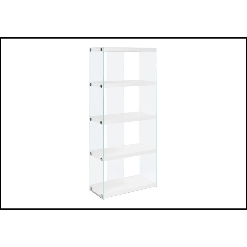 Bibliothèque moderne à 5 niveaux avec tablettes blanc brillant et côtés en verre trempé, parfaite pour l'organisation de bureau et de chambre à coucher