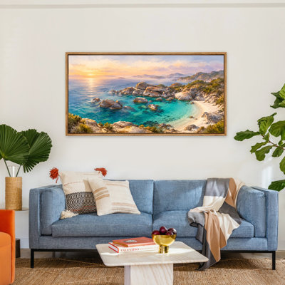 Sunset Coastal Cove with Turquoise Water Panoramic Framed Canvas Wall Art 60x30 Inch Beach Landscape for Living Room Wall Decor