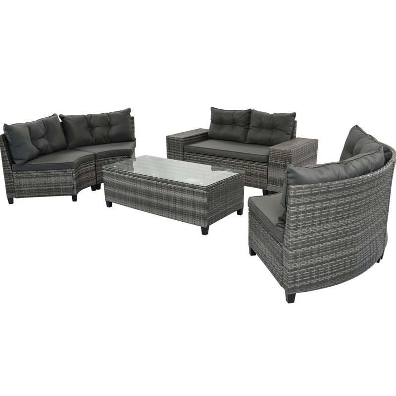 Demi-lune d'extérieur Go All Weather, 8, courbée avec table, avec coussins gris, imperméable, pe, gris, modulaire mobile pour les intempéries, coussins de café