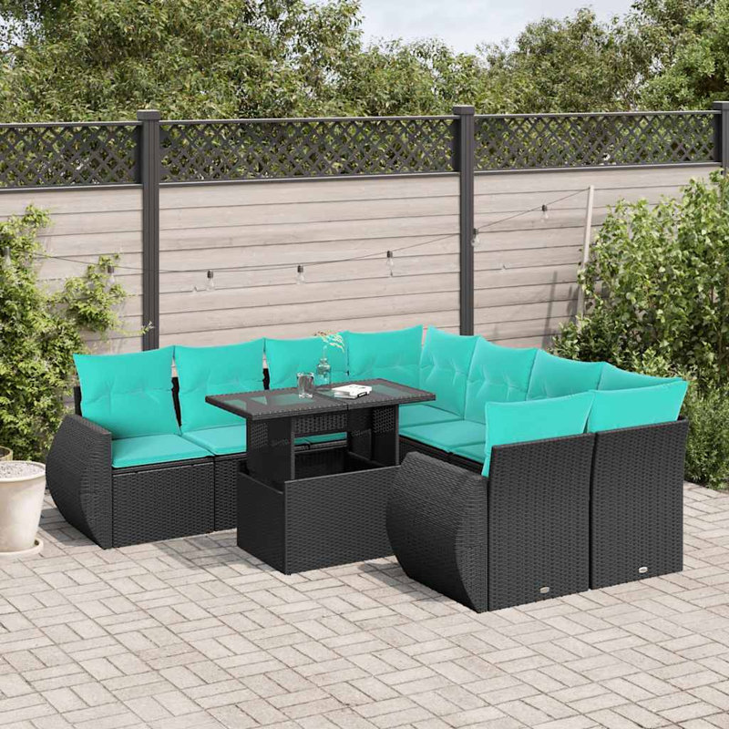 9 Piece Patio Sofa Set With Cushions Poly Rattan, Light Blue, Black