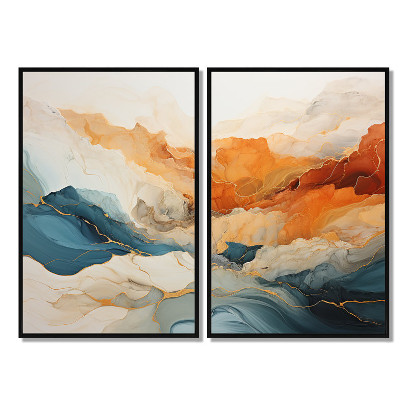 Abstrait abstrait orange et bleu - encre bleue, Impression encadrée flottante, H 36 po x l 48 po, Noir