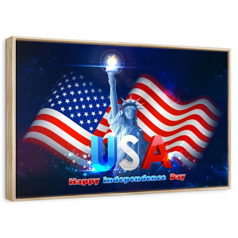 Statue de la liberté, drapeau des États-Unis, Cadre flottant en bois naturel, 43 po x 29 po