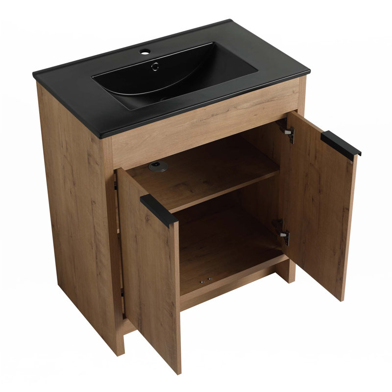 Meuble-lavabo autoportant avec lavabo en céramique, Noir, noir, noir, noir, Imitation chêne