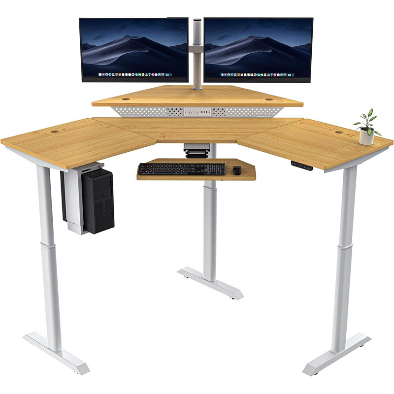 PowerLift® L-Shaped Height Adjustable Standing Desk Workstation with USB Ports and Outlets, 47" H x 60" W x 72" D, Natural