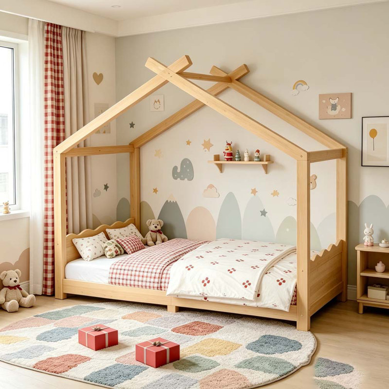 Lit de maison avec lattes de soutien, cadre de lit en bois massif pour enfants, aucun sommier et ouverture, Naturel, Simple