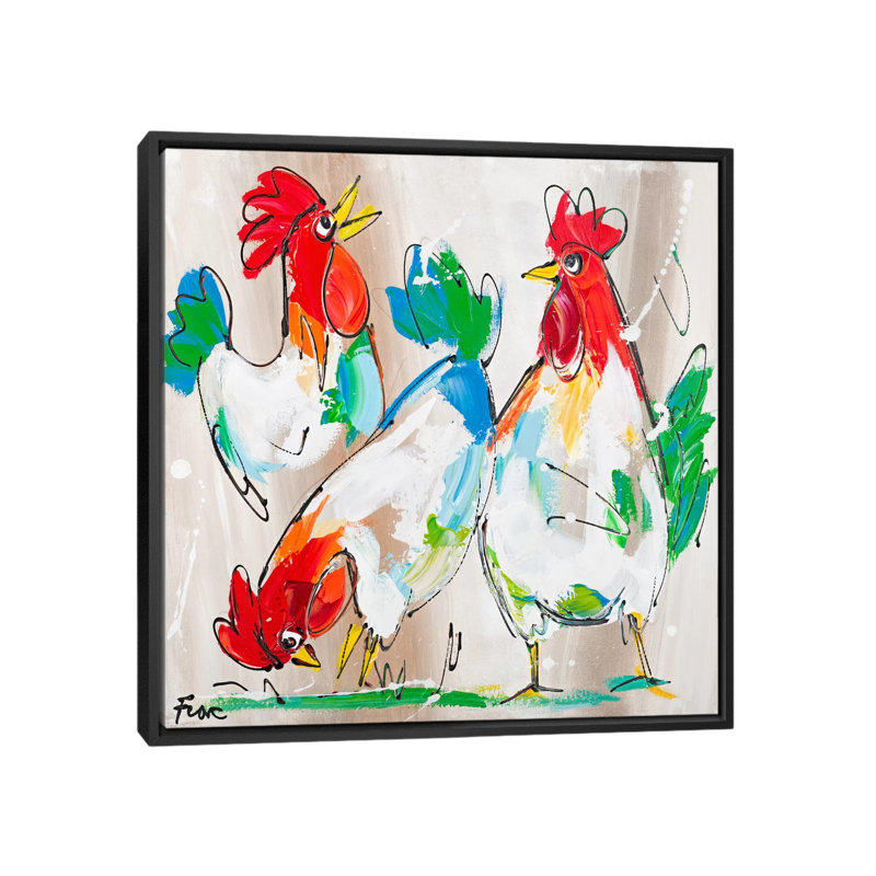 « coqs parle » par art fiore, impression sur toile tendue, H 18 po x l 18 po x P 1,5 po, Toile avec cadre noir, Pas de tapis