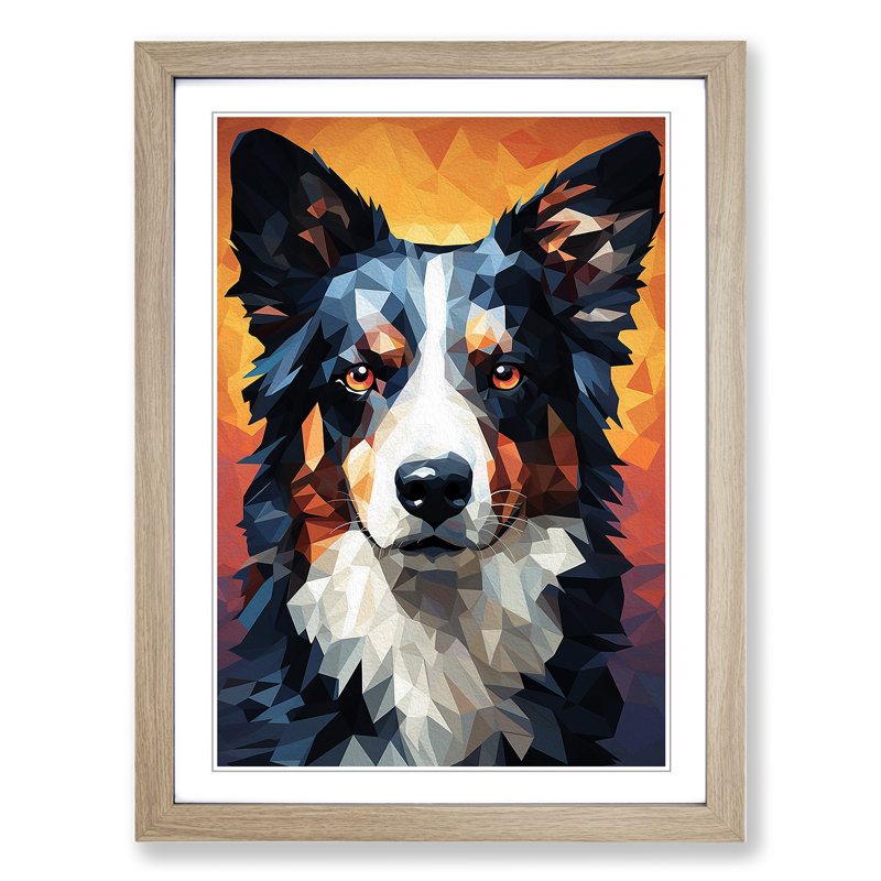 Border Collie Geometric - Single Picture Frame Print on Wood, Oak Framed, 64cm H x 46cm W x 2cm D