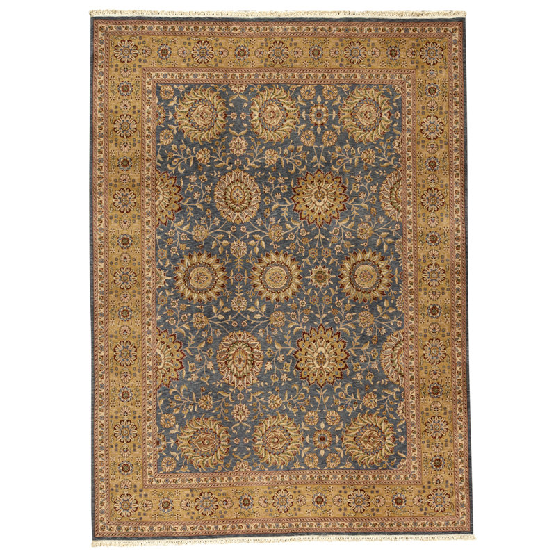 Tapis bleu et doré de haute qualité noué à la main