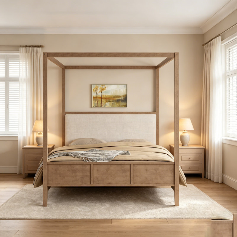 Lit plateforme à baldaquin en bois avec tête de lit tapissier, aucun sommier nécessaire, Grand lit, Noyer naturel
