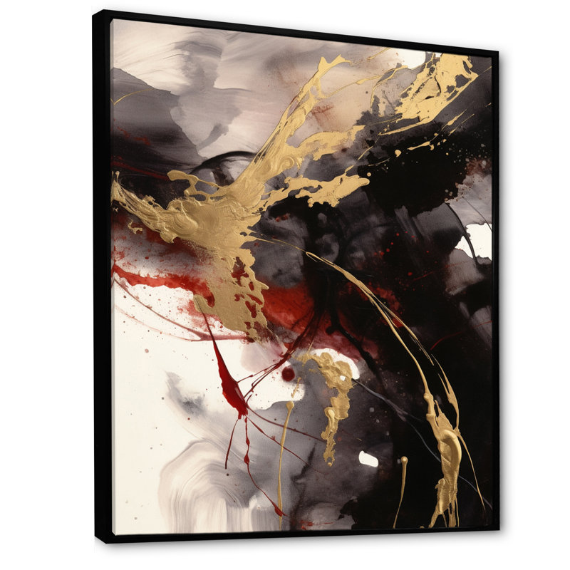Or et fluide rouge fusion II - art mural abstrait, H 44 po x l 34 po, Cadre flottant noir