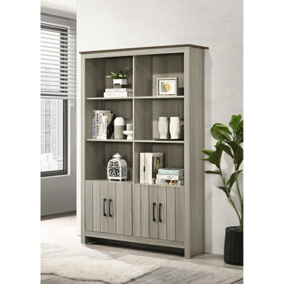 47 - Wide Gray Oak Bookcase Shelf Equipped With 4 Cabinet Doors, 6 Shelving Sections, Fixed Shelves, Alluring Walnut Finished Contrasting Top, Tip Over Mechanism, 12.5 In Deep, 70.5 Tall, 110 Lb 47"W