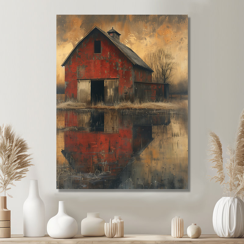 Ancienne grange rétro rouge brun rétro - Art mural de grange, Toile tendue, H 32 po x l 24 po x P 1 po