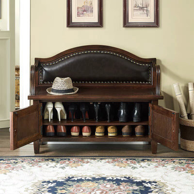 35.43" Brown American‑Style Solid Wood Shoe Bench with Backrest