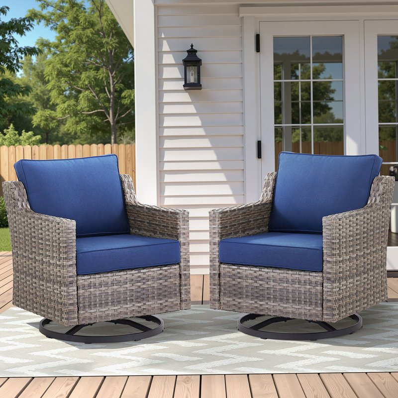 Ensemble de 2 chaises de patio pivotantes pour l'extérieur, en osier gris, idéales pour le porche, la piscine, la terrasse et la cour en bleu