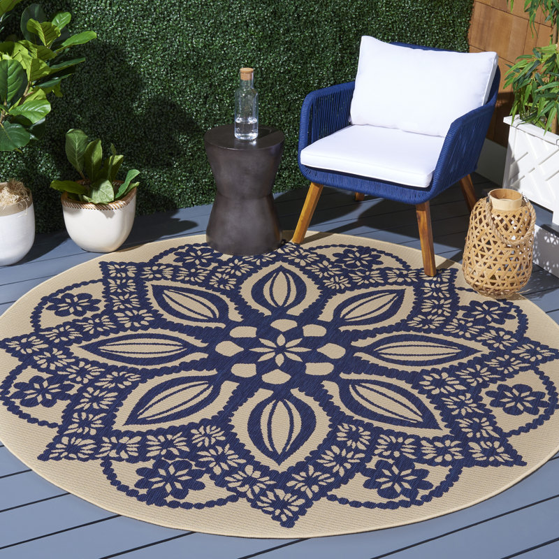 Tapis intérieur / extérieur beige / bleu marine Arneshia, Rond 6 pi 7 po