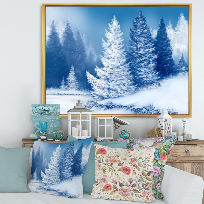 Forêt épinette onirique avec arbres couverts de neige - Peinture sur toile, Cadre flottant doré, H 12 po x l 20 po x p 1 po