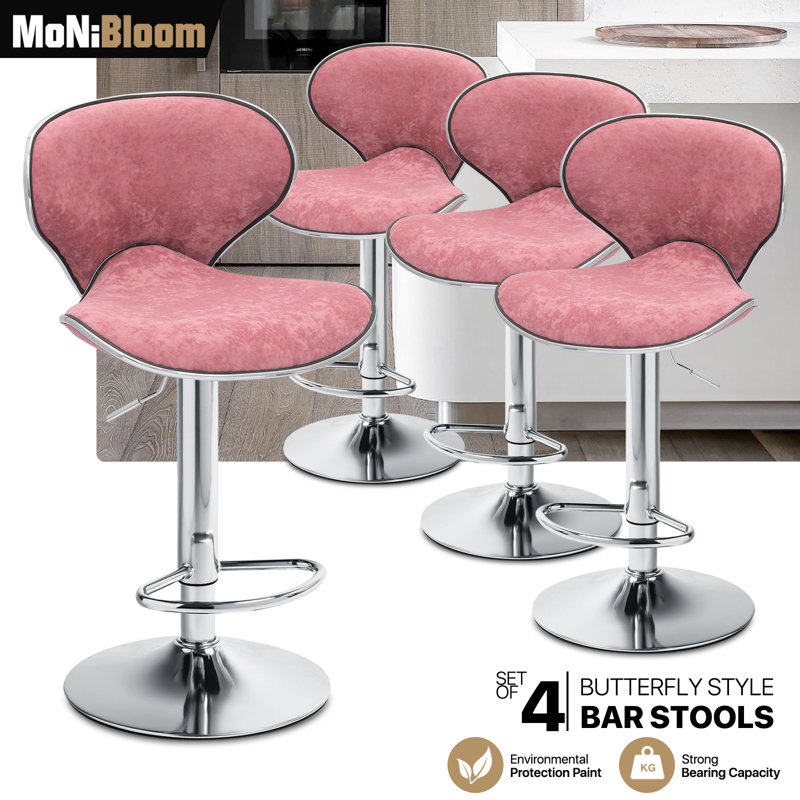 Pink Velvet Adjustable Swivel Counter Stools with Metal Frame, Set of 4