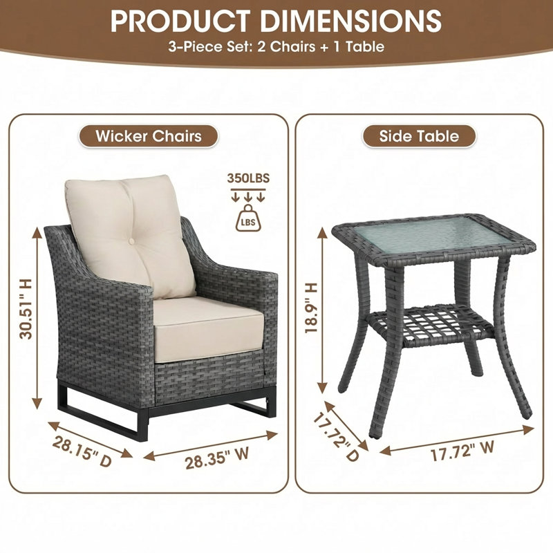 3 Piece Patio Furniture Set, Outdoor Conversation Set With 2 Wicker Armchairs And Glass Top Side Table, Pe Rattan Patio Chairs With 6 Inch Olefin Cushions, 350 Lbs Capacity For Porch, Balcony, Backyard, Deck, Grey/Beige