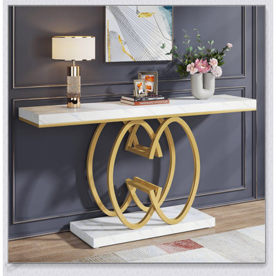 55 Inch Faux Marble Console Table With Gold Geometric Base, Perfect For Modern And Narrow Spaces
