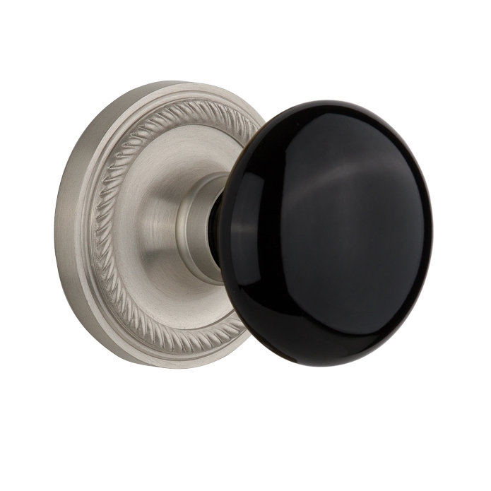 Black Porcelain Interior Mortise Door Knob with Rope Rosette, Satin Nickel