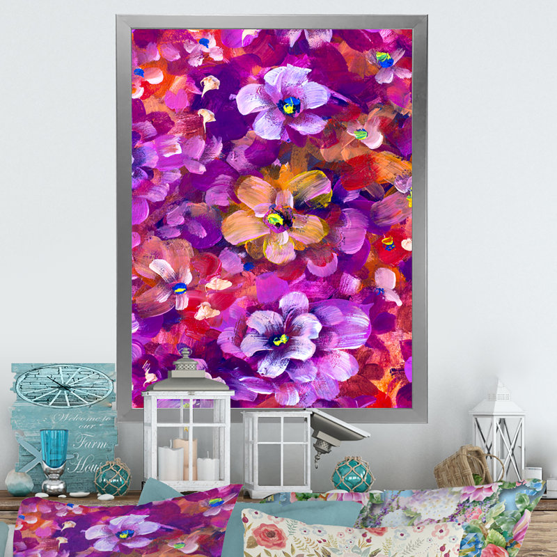 «Mauve Colofrul Flowers», œuvre d'art traditionnelle sur toile, H 12 po x l 8 po x P 1 po, Toile avec cadre photo argenté