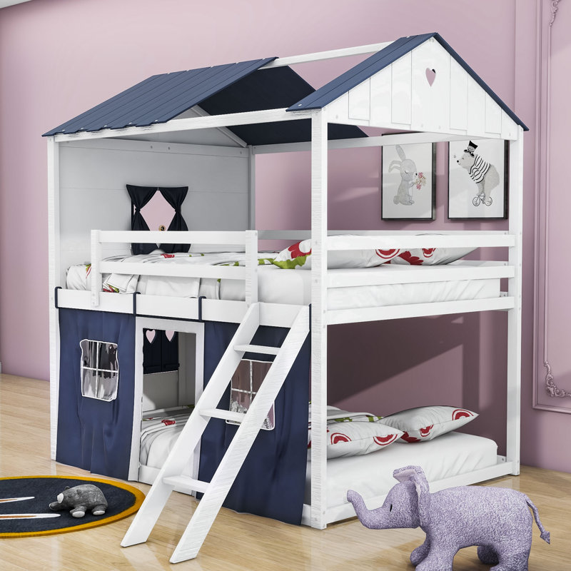 Pokorny Kids Full over Full Size Wood Bunk Bed with Ladder, Window and Tent, Blue/White