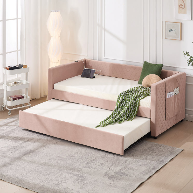 Twin Size Upholstered Daybed with Trundle,USB Port ,Side Pockets, Modern V-grained backrest Design,No Box Spring Needed, for Bedroom, Guest Room ( Pink, Twin)