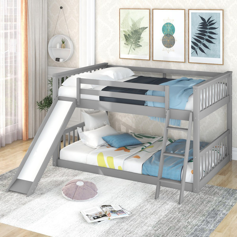 Lit superposé double sur double avec glissière convertible et échelle, Gris