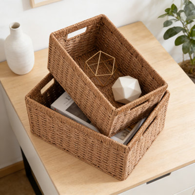 Panier de rangement en corde de papier tissé avec poignées, bac de rangement rectangulaire pliable pour tablettes, placard, salon et chambre de bébé