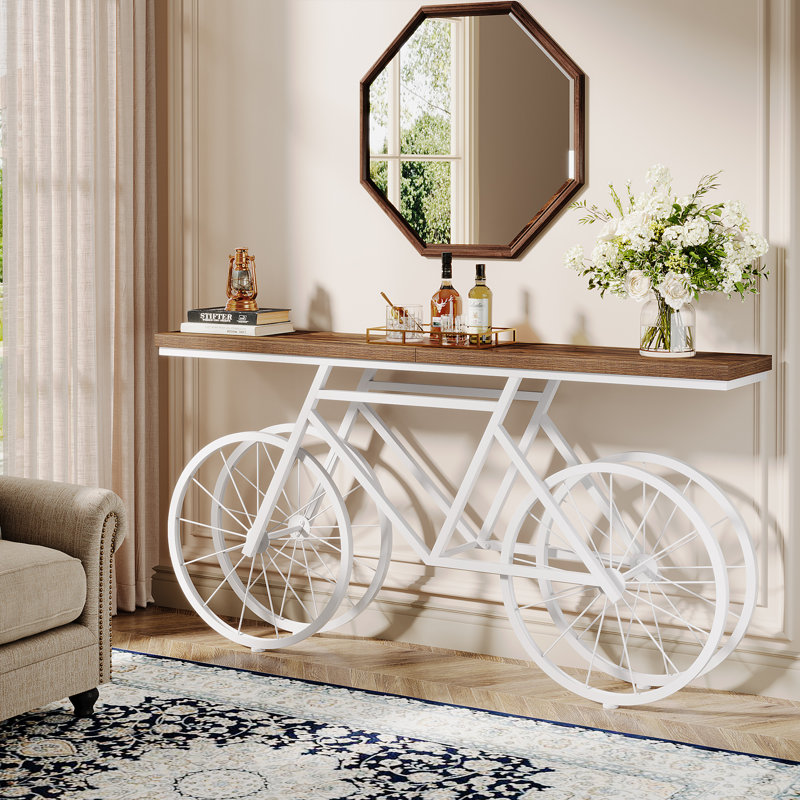 70.9'' Extra Long Console Table with Bicycle Base, Narrow Sofa Table Industrial Entryway Table, Rustic Brown, White