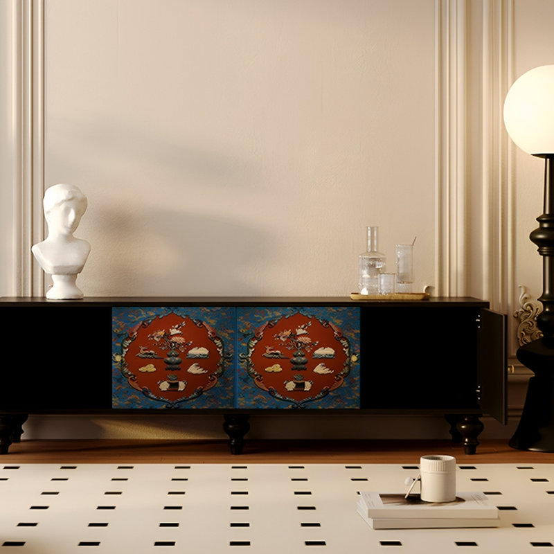 Solid Pine TV Stand with Printed Panel Design, 21.65"H x 70.86"L x 15.75"W