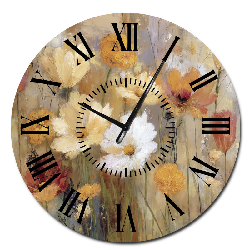 Horloge murale en métal « Champs de fleurs sauvages d'automne » - Maison jaune, Surdimensionné