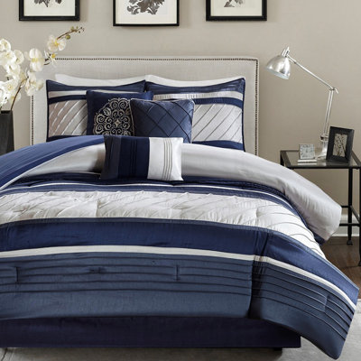 Navy King Comforter 7 Piece, Traditional Bedding With Faux Silk, Fill, Suitable For All Seasons, Easy To Clean Piece King, Filled Comforter, Pieced Includes , 2 Shams, Square & 1 Pillows, Washable