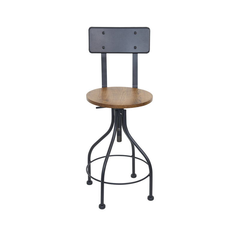 Tabouret à vis, siège en bois de frêne d'automne et dossier en métal noir sable - Structure en acier - Finition noir sable