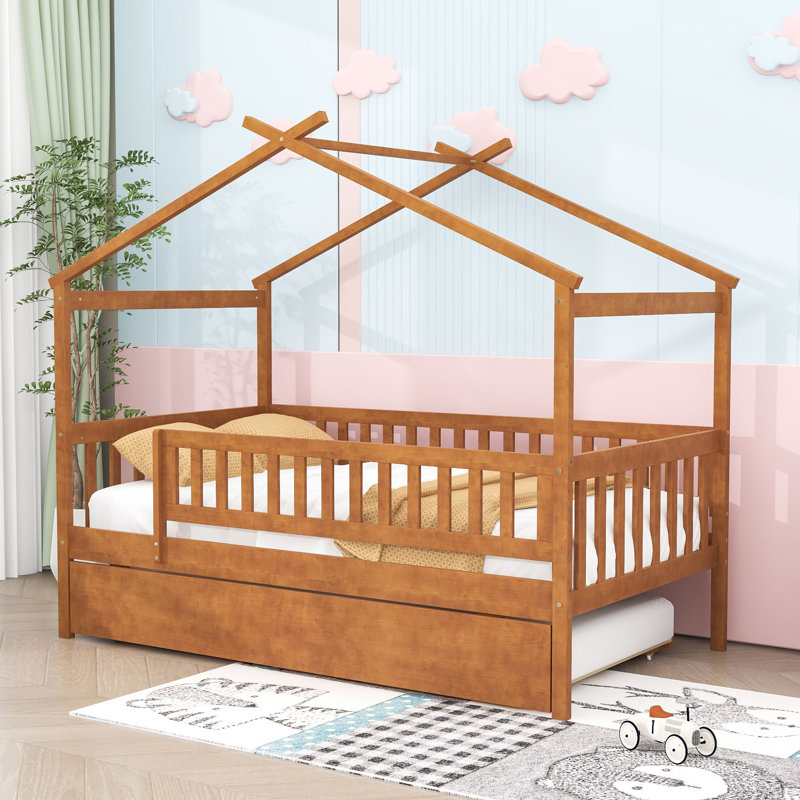 Lit simple en bois avec lit gigogne simple, Noyer