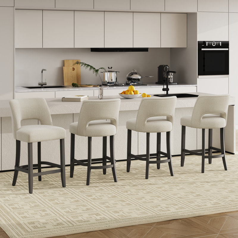 Upholstered Counter Height Bar Stool With Solid Wood Legs Set of 4, Beige, 4
