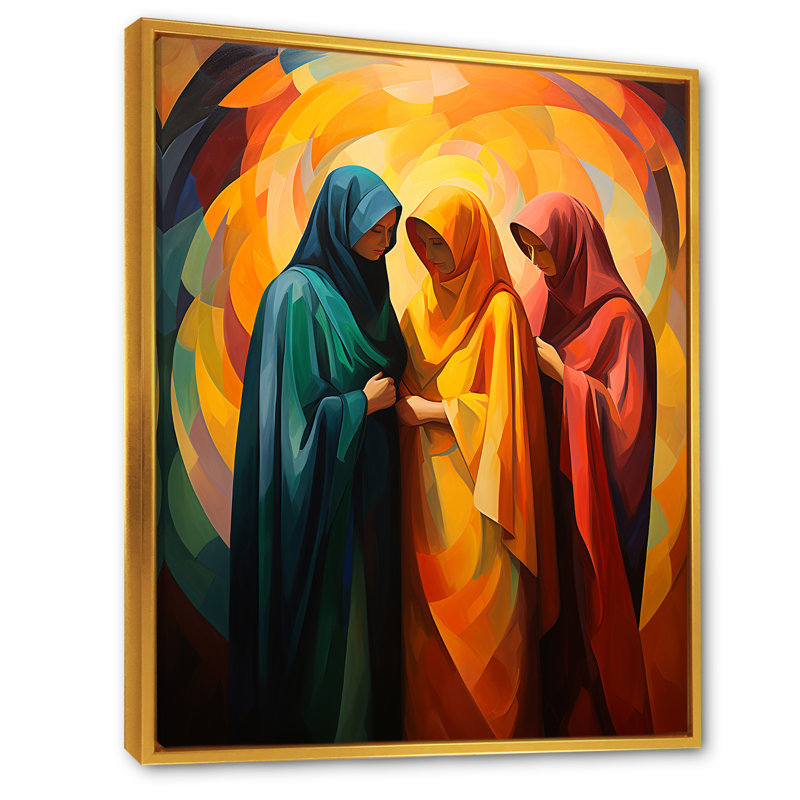 Jaune et orange, culture de la prière de l'Islam 1 - Art mural, Cadre flottant doré, H 32 po x l 24 po x P 1 po