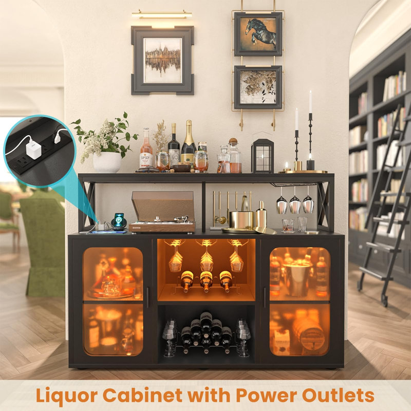 Bar avec prises de courant, armoire à boissons alcoolisées avec lumières à DEL et porte-verre, Noir