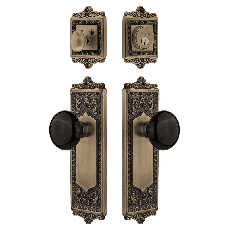 Nostalgic Warehouse Egg & Dart Entry Set with Porcelain Knob, Black/Antique Brass, 2.375