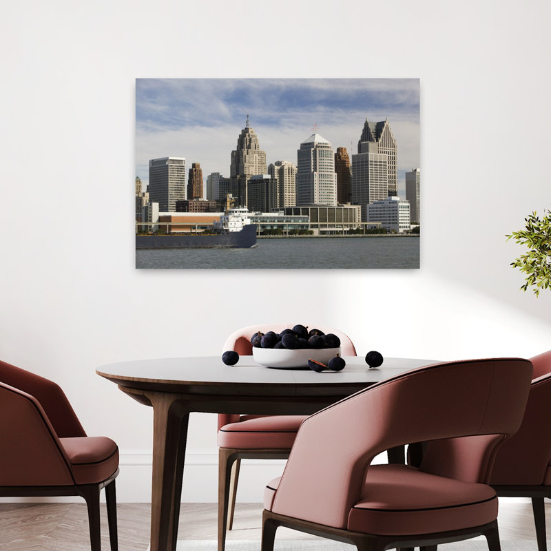 USA Michigan Wayne County Detroit along Detroit River from Windsor Ontario Canada 1 Piece Wrapped Canvas Wall Art