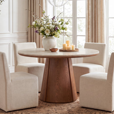 47-Inch Sintered Stone Dining Table, Round Kitchen Table with Rubberwood Pedestal