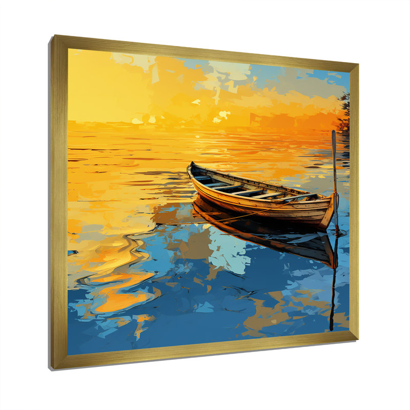 Bateau jaune et bleu au bord du lac - Bateau côtier, art mural, H 36 po x l 36 po x P 1,5 po, Cadre doré simple