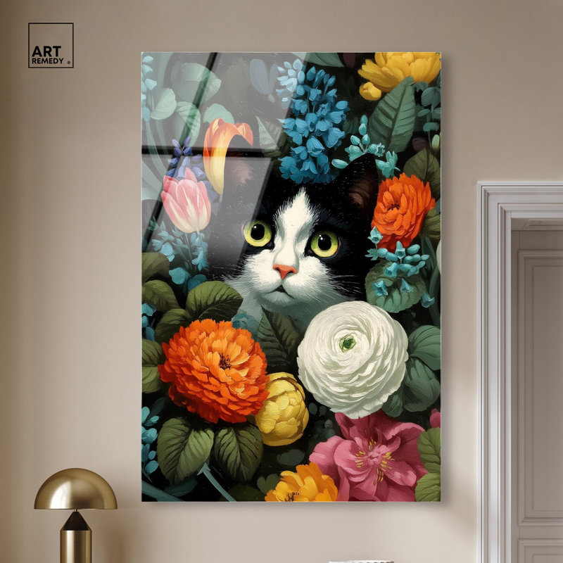 «Secret Garden Cat», reproduction d'art moderne sur toile par Art Remedy, prête à être accrochée, H 54 po x l 36 po
