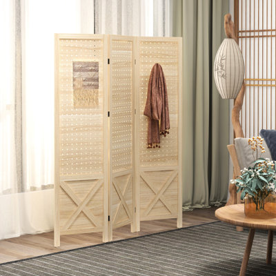 Paravent en bois pliable de 4,7 pi de hauteur, cloison naturelle pour bureau à domicile avec cloison à 3 panneaux et support stable, écran portatif