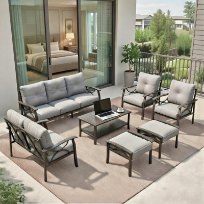 7-Piece Metal Patio Furniture Set, 9-Seat All-Weather Conversation Sofa with 4 Inches Thick Gray Cushions, Khaki Frame, Coffee Table & Ottomans for Porch Backyard Garden