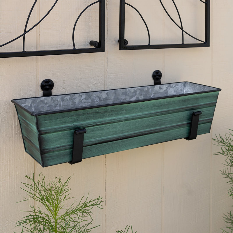 Small Green Galvanized Metal Flower Box with Wall Brackets