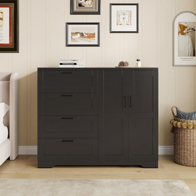 Multifunctional Wooden Dresser for Bedroom, 43.3 in H 2 Door Wardrobe Armoire Closet with 4 Drawers and Hanging Rod, Low Storage Cabinet for Hanging Cloth
